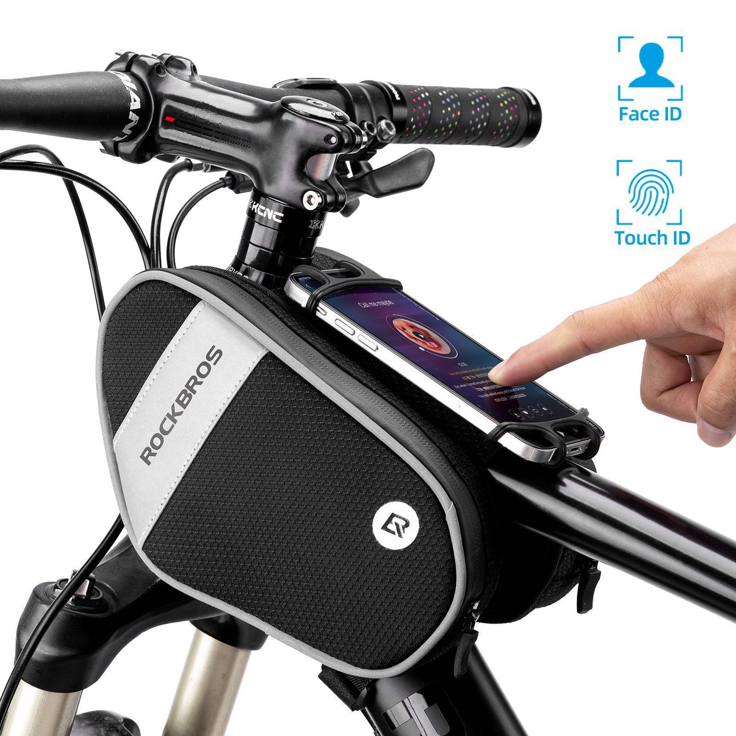 Bolsa para cuadro de bicicleta con soporte para teléfono giratorio 360°, 1,5 L, BK ROCKBROS