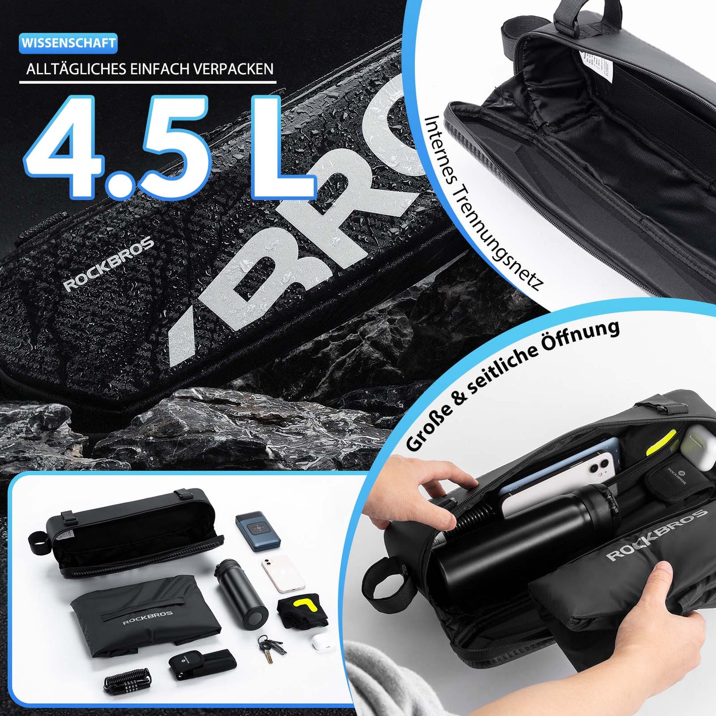 Bolsa para cuadro de bicicleta, impermeable, para tubo superior, 4,5 l, color negro, ROCKBROS