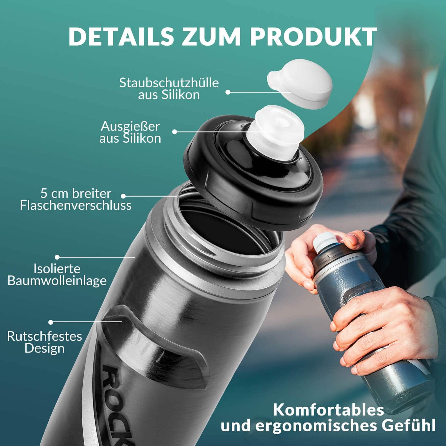 Botella de ciclismo de 620 ml, botella deportiva con función de enfriamiento de 5 horas, ROCKBROS