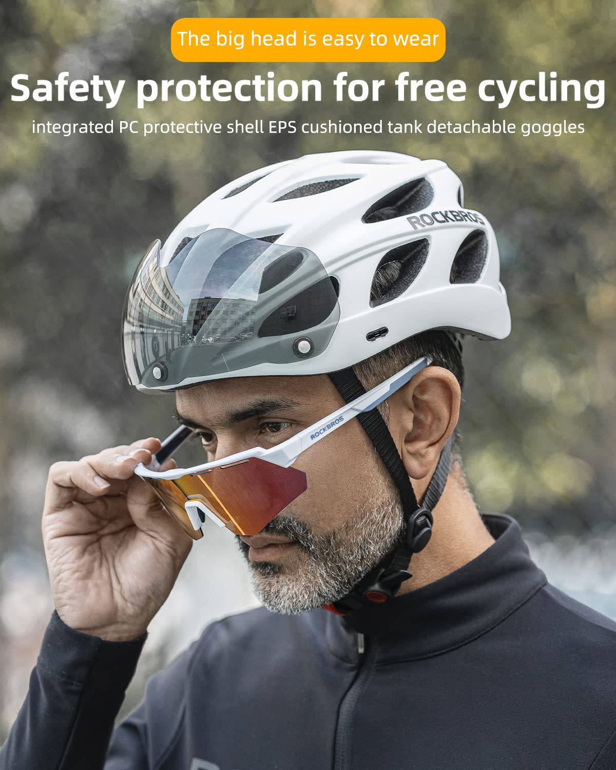 ROCKBROS Casco de bicicleta con gafas magnéticas desmontables integradas y visera