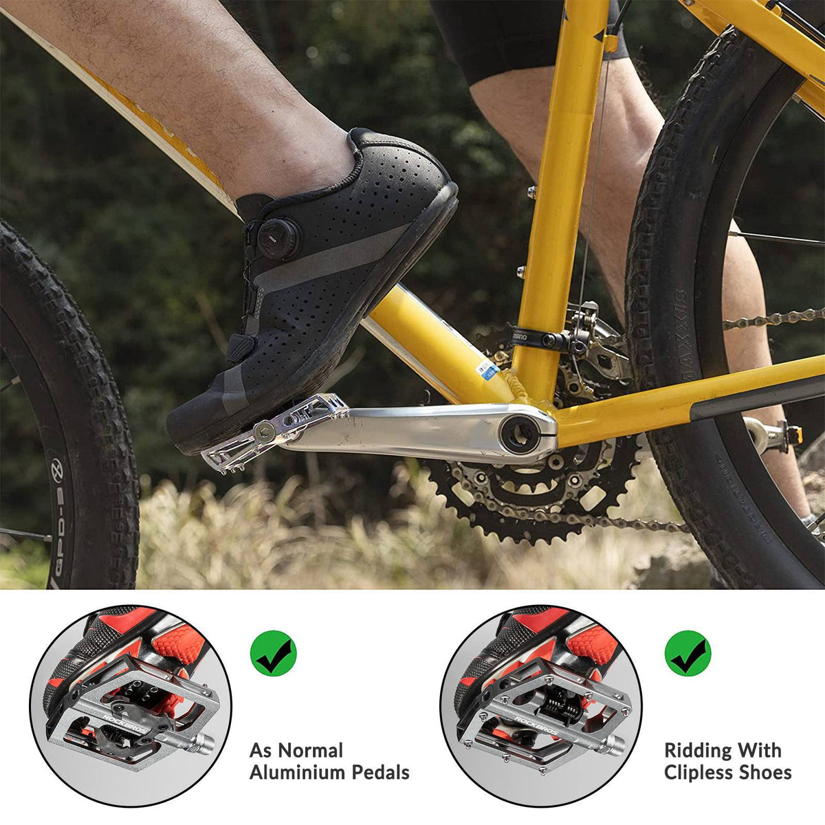 ROCKBROS Pedales de bicicleta de aluminio 2 en 1 SPD para MTB, bicicleta de carreras y urbana