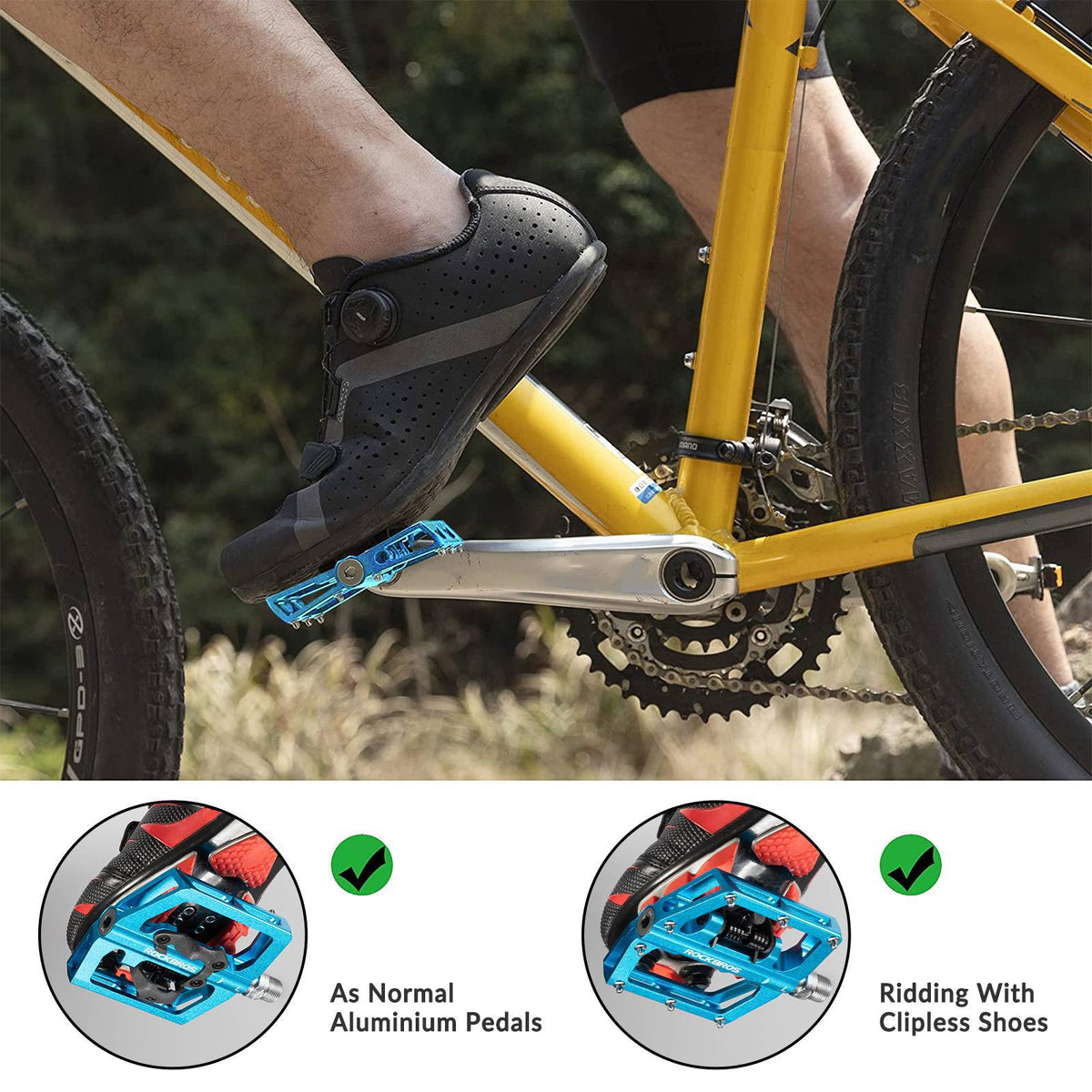 ROCKBROS Pedales de bicicleta de aluminio 2 en 1 SPD para MTB, bicicleta de carreras y urbana
