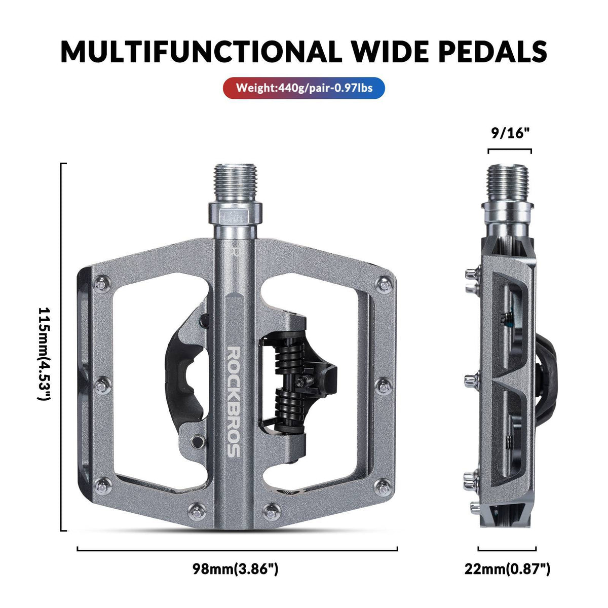 ROCKBROS Pedales de bicicleta de aluminio 2 en 1 SPD para MTB, bicicleta de carreras y urbana