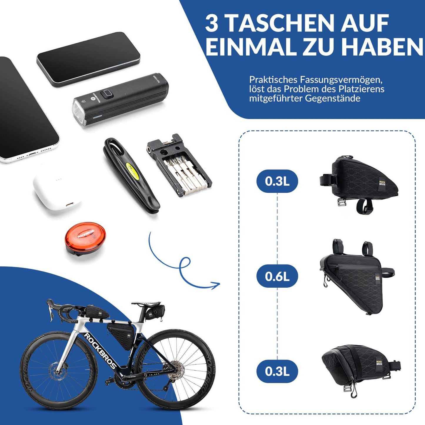Juego de bolsas para bicicleta: 2 bolsas para cuadro y 1 bolsa para sillín con correa de hombro ajustable, 1,2 L, ROCKBROS