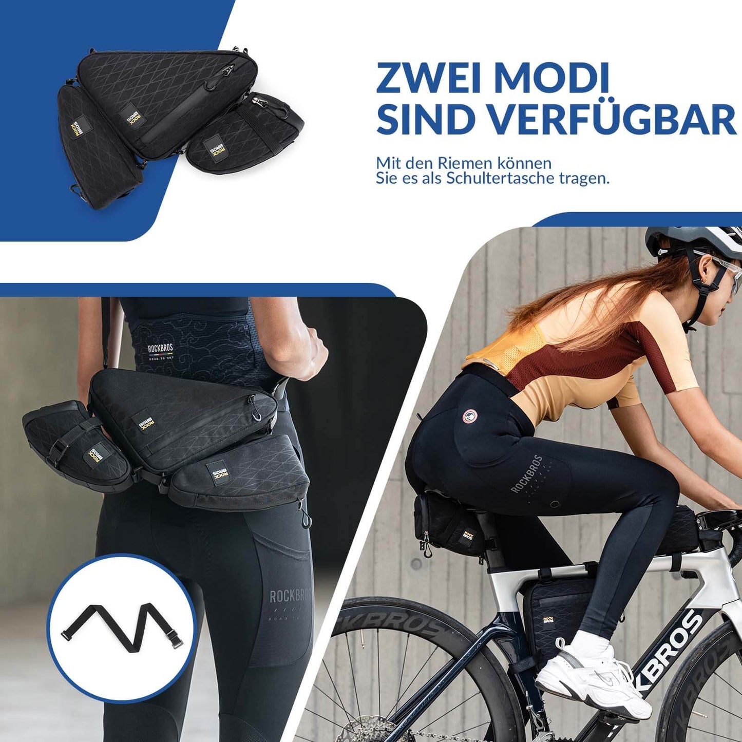 Juego de bolsas para bicicleta: 2 bolsas para cuadro y 1 bolsa para sillín con correa de hombro ajustable, 1,2 L, ROCKBROS