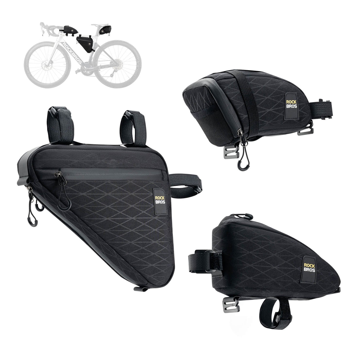 Juego de bolsas para bicicleta: 2 bolsas para cuadro y 1 bolsa para sillín con correa de hombro ajustable, 1,2 L, ROCKBROS