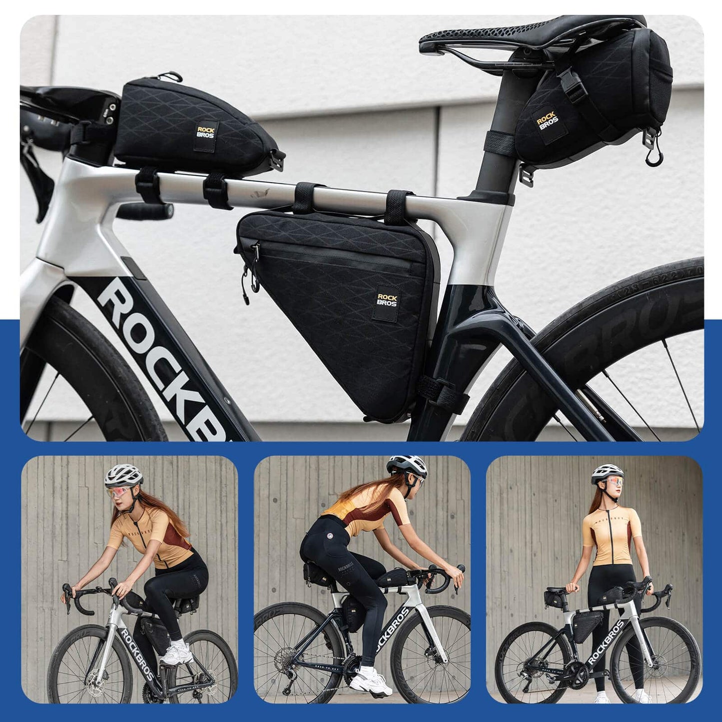 Juego de bolsas para bicicleta: 2 bolsas para cuadro y 1 bolsa para sillín con correa de hombro ajustable, 1,2 L, ROCKBROS