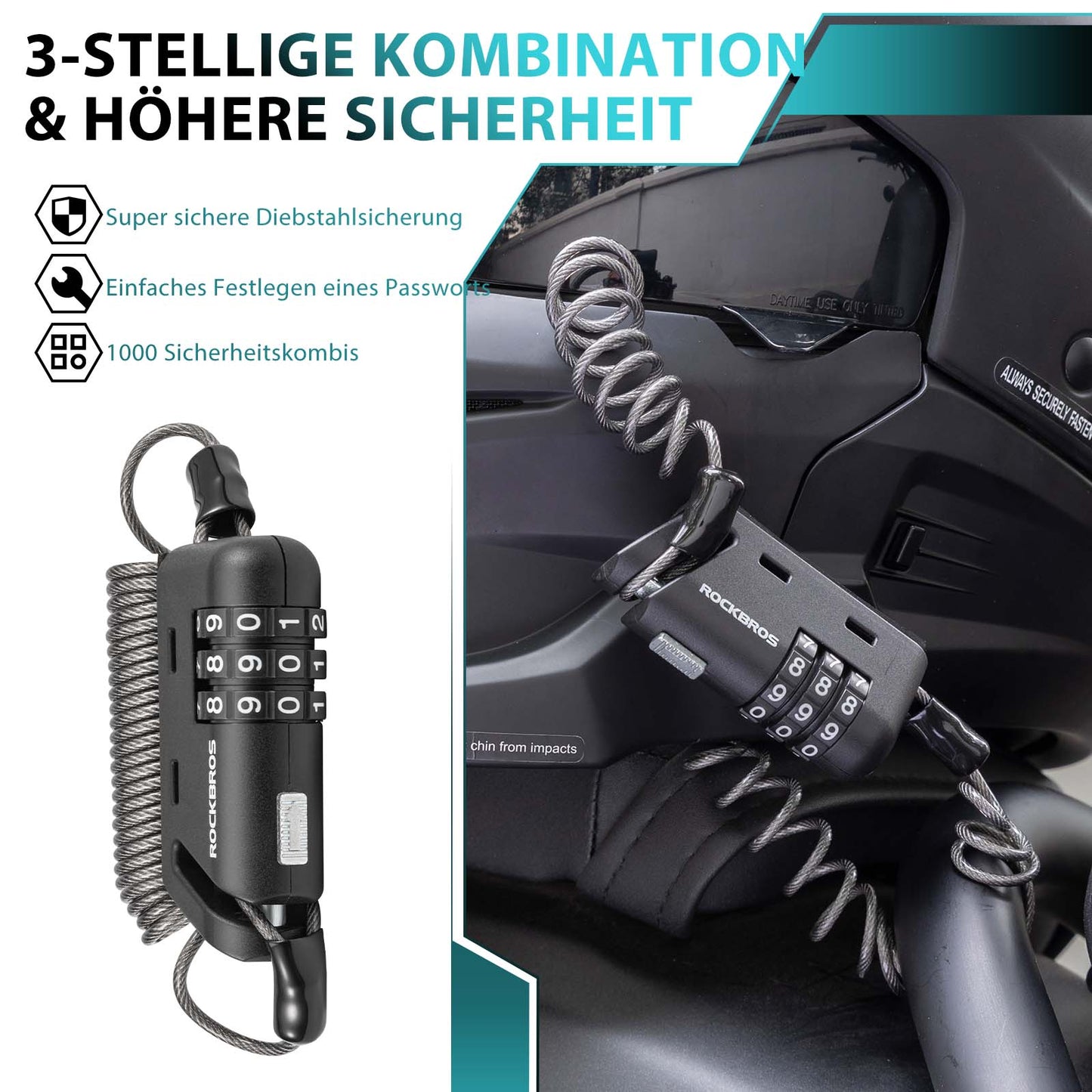 Candado para casco de 150 cm con combinación de 3 dígitos ROCKBROS