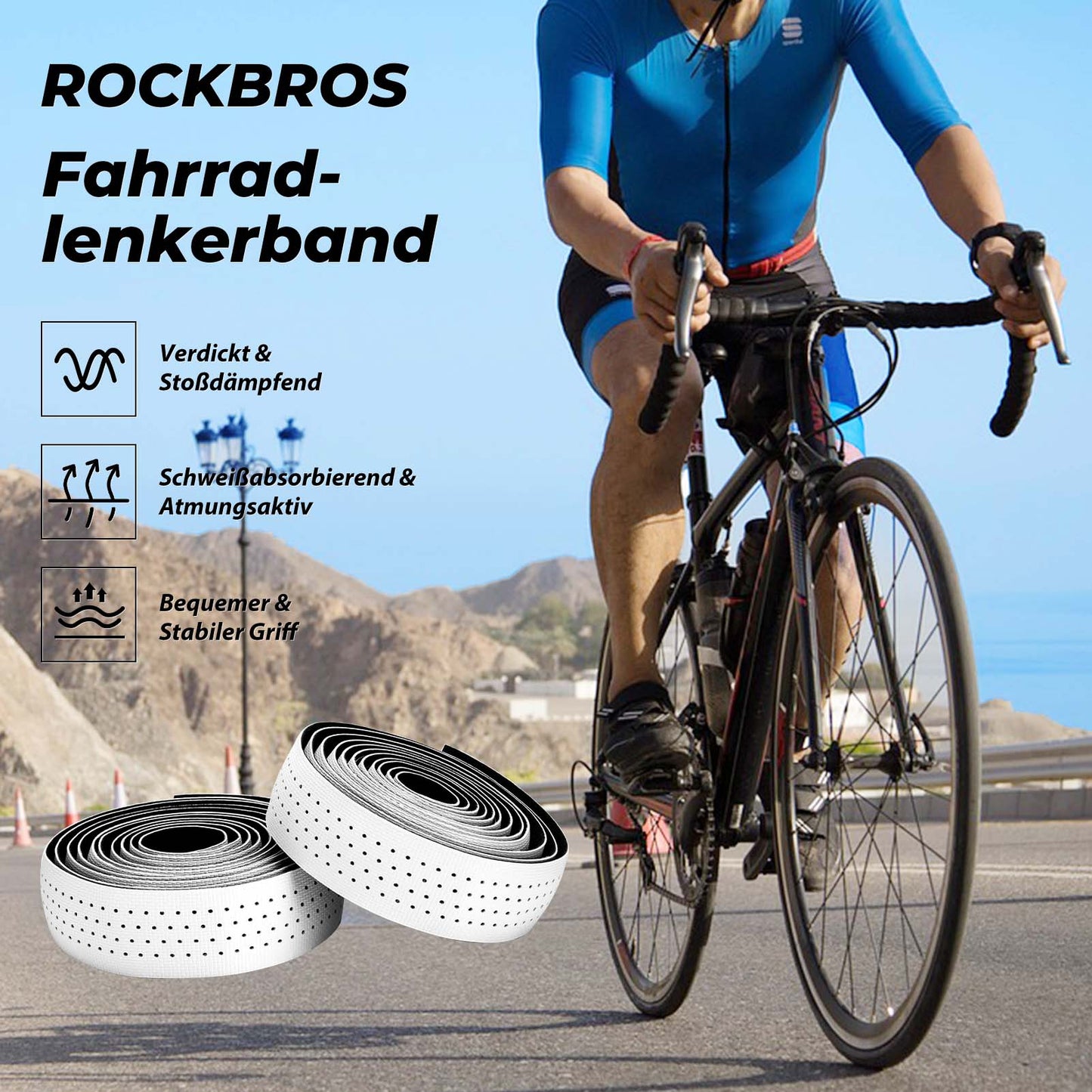Cinta para manillar de bicicleta de carretera, antideslizante, amortiguadora, 2 rollos, ROCKBROS
