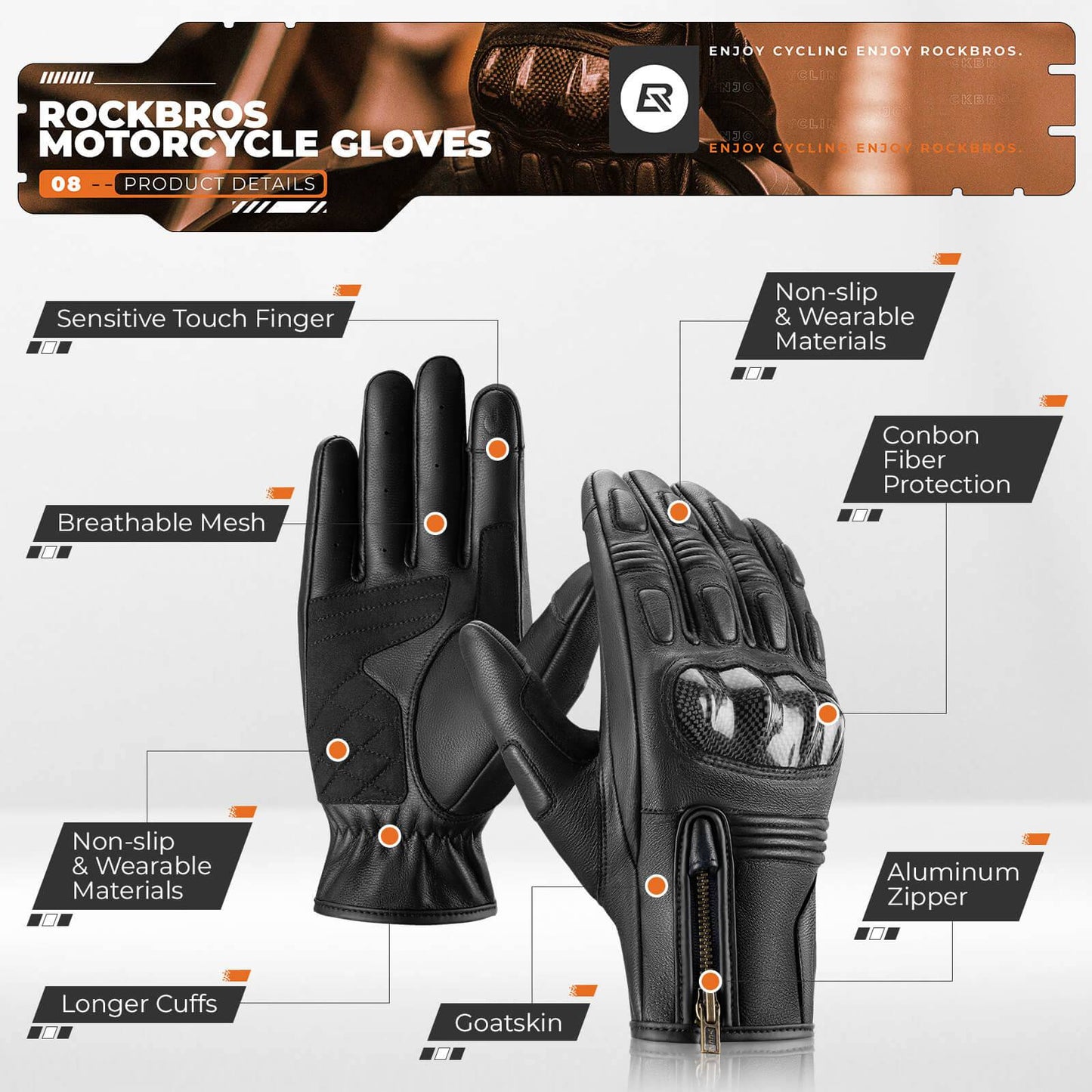 Guantes de moto, pantalla táctil, cuero, dedos completos, transpirables, ROCKBROS
