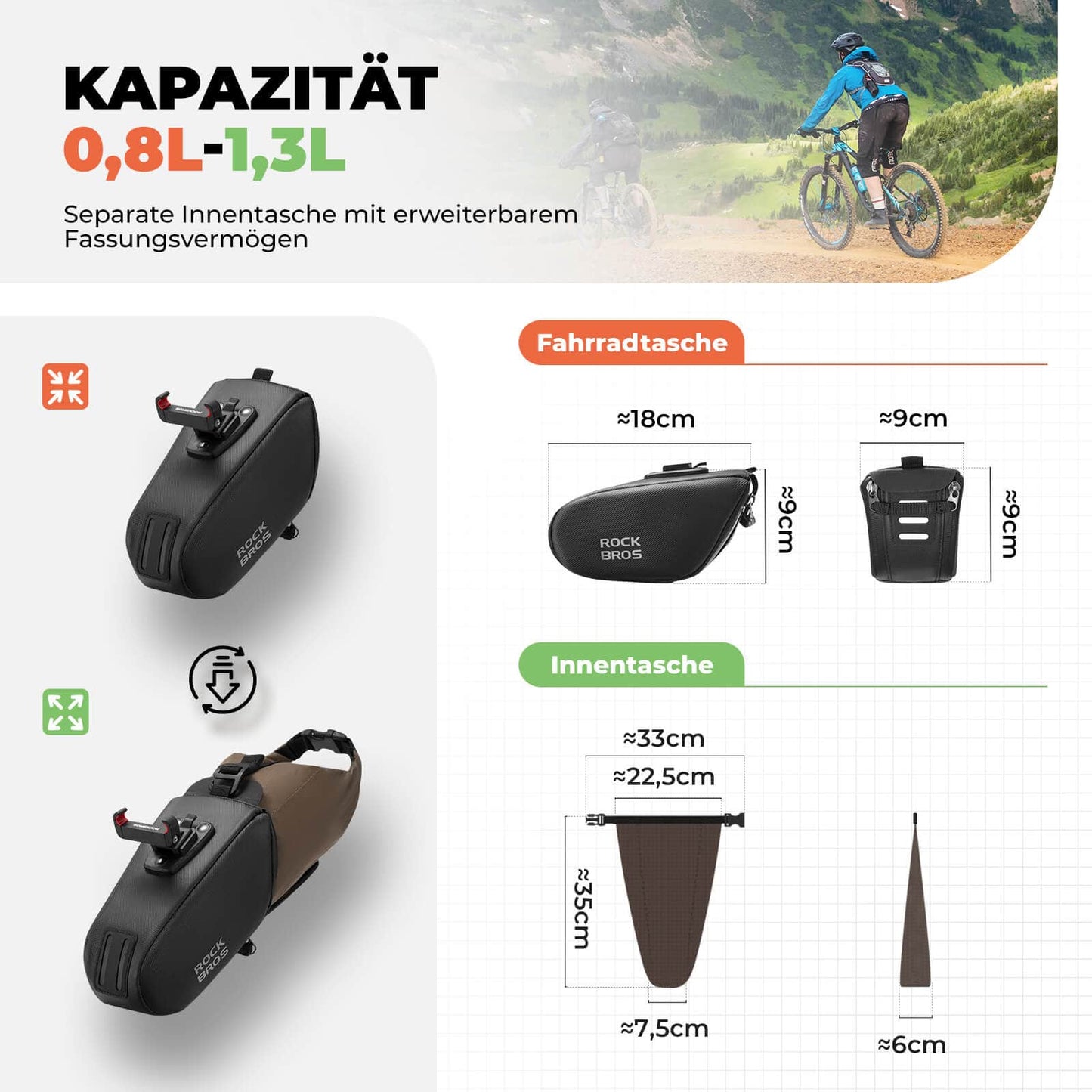 Bolsa de sillín, bolsa de bicicleta impermeable, expandible con bolsillo interior, ROCKBROS