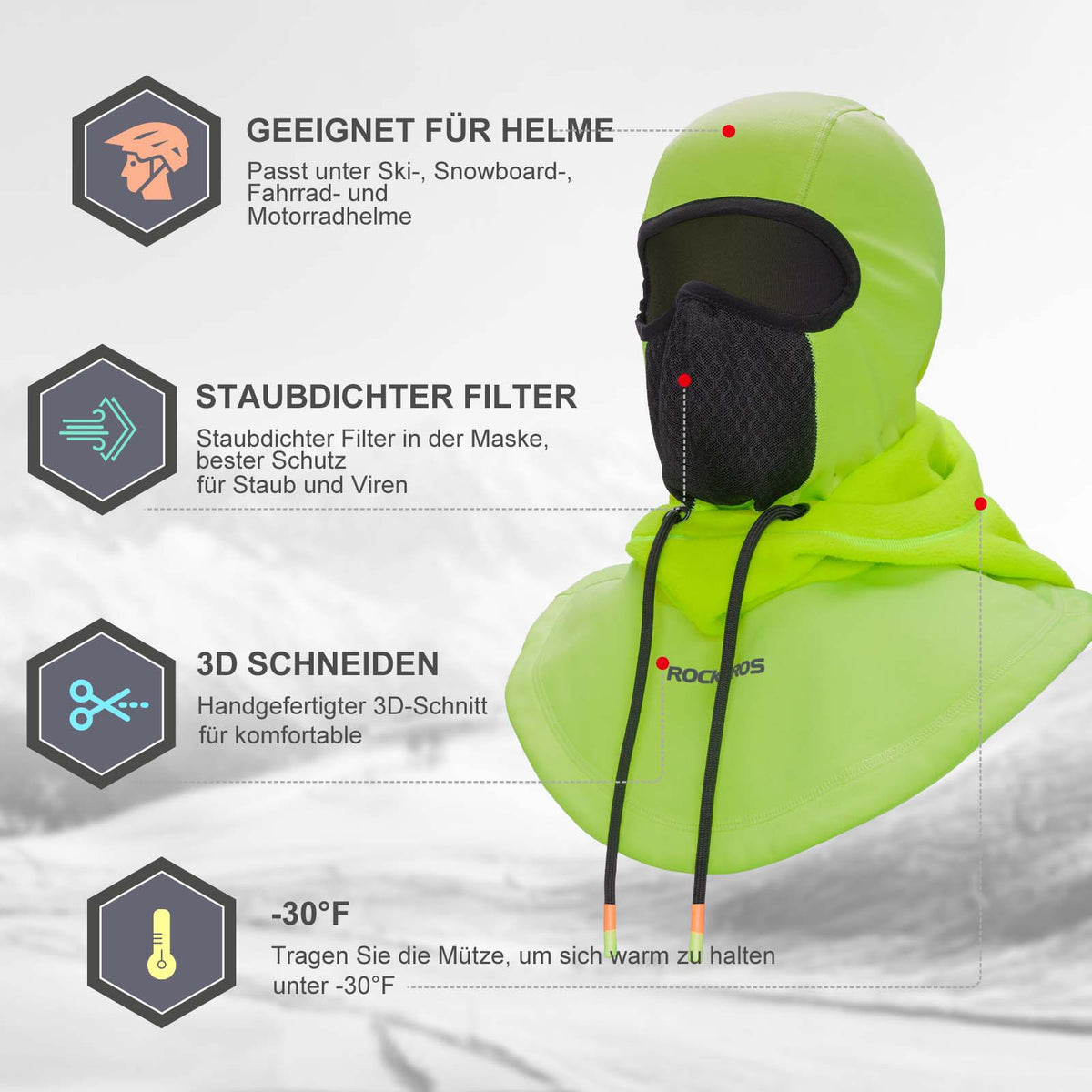 ROCKBROS Pasamontañas Impermeable al Viento Bicicleta Full Face Máscara Facial para Ciclismo Esquí