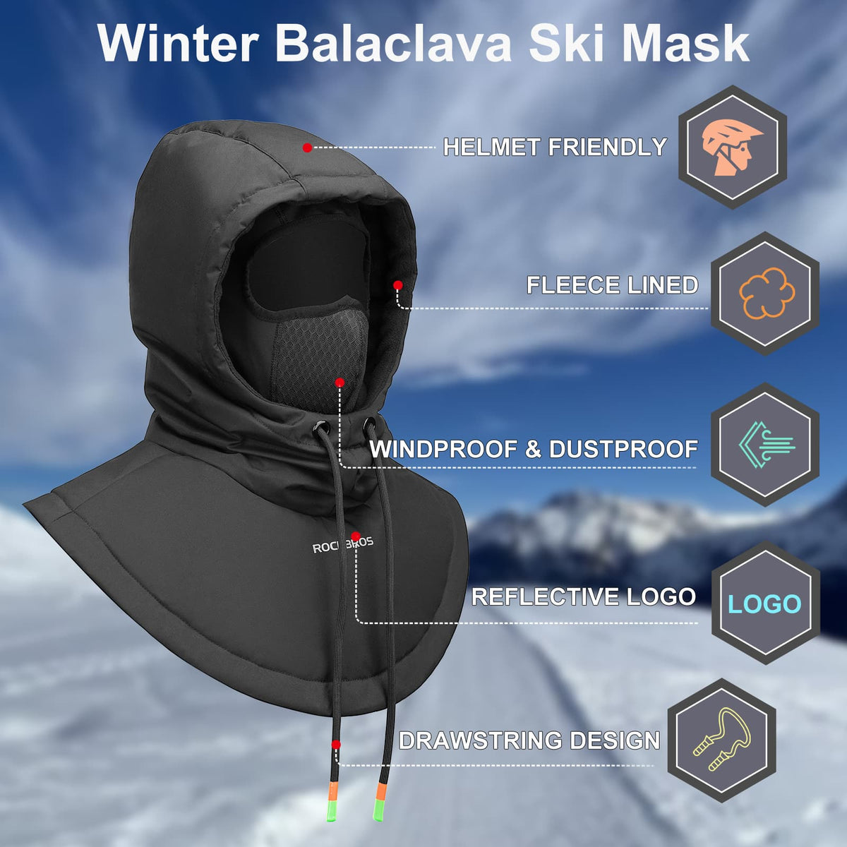ROCKBROS Pasamontañas Impermeable al Viento Bicicleta Full Face Máscara Facial para Ciclismo Esquí