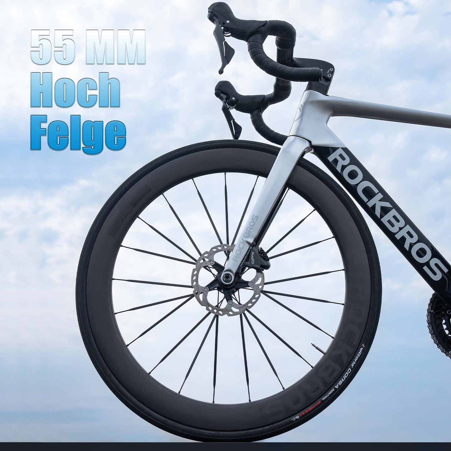 Juego de ruedas de carbono T700 de 55 mm con eje pasante y freno de disco para bicicleta de carretera. Incluye amortiguadores de vacío ROCKBROS.