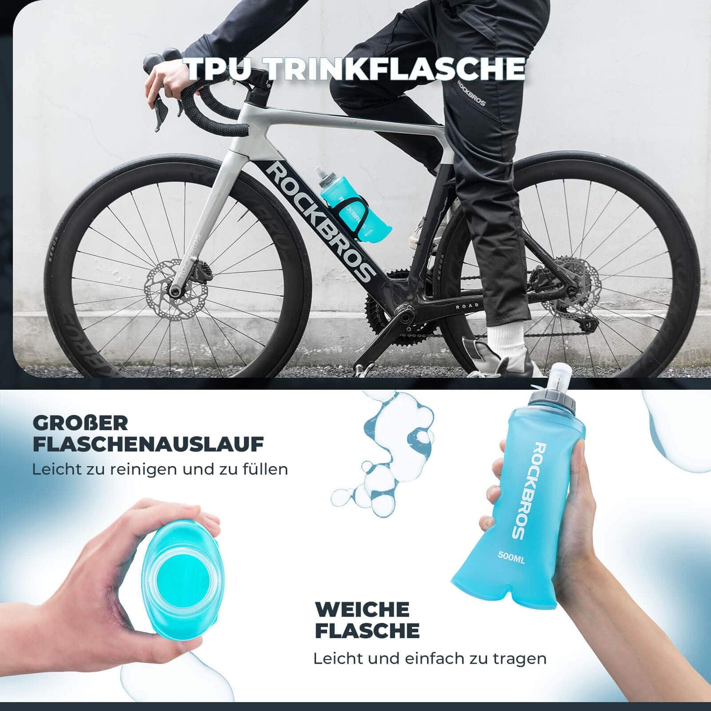 Botella de agua plegable de 500 ml para correr, senderismo y ciclismo ROCKBROS
