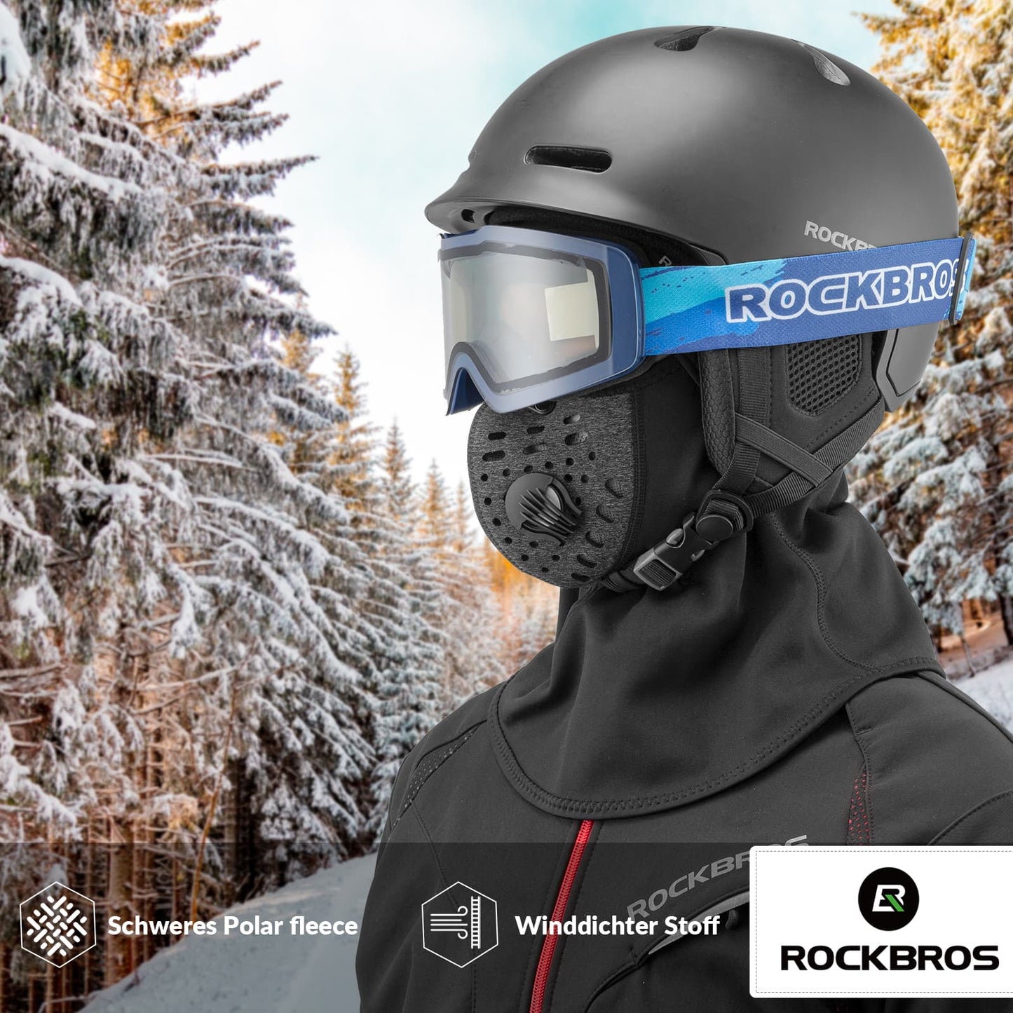 Pasamontañas cálido, calentador de cuello de forro polar de invierno con filtro de aire, ROCKBROS