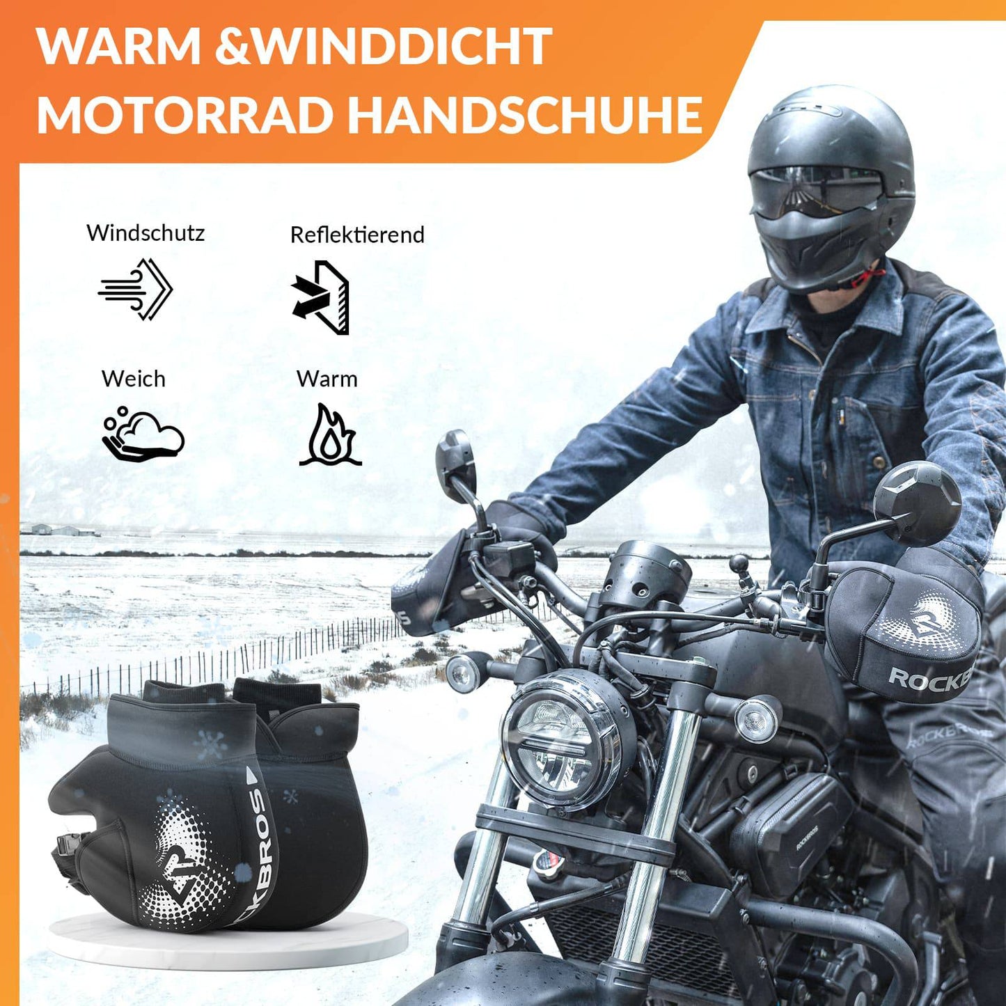 Guantes de invierno para manillar de motocicleta a prueba de viento negros ROCKBROS