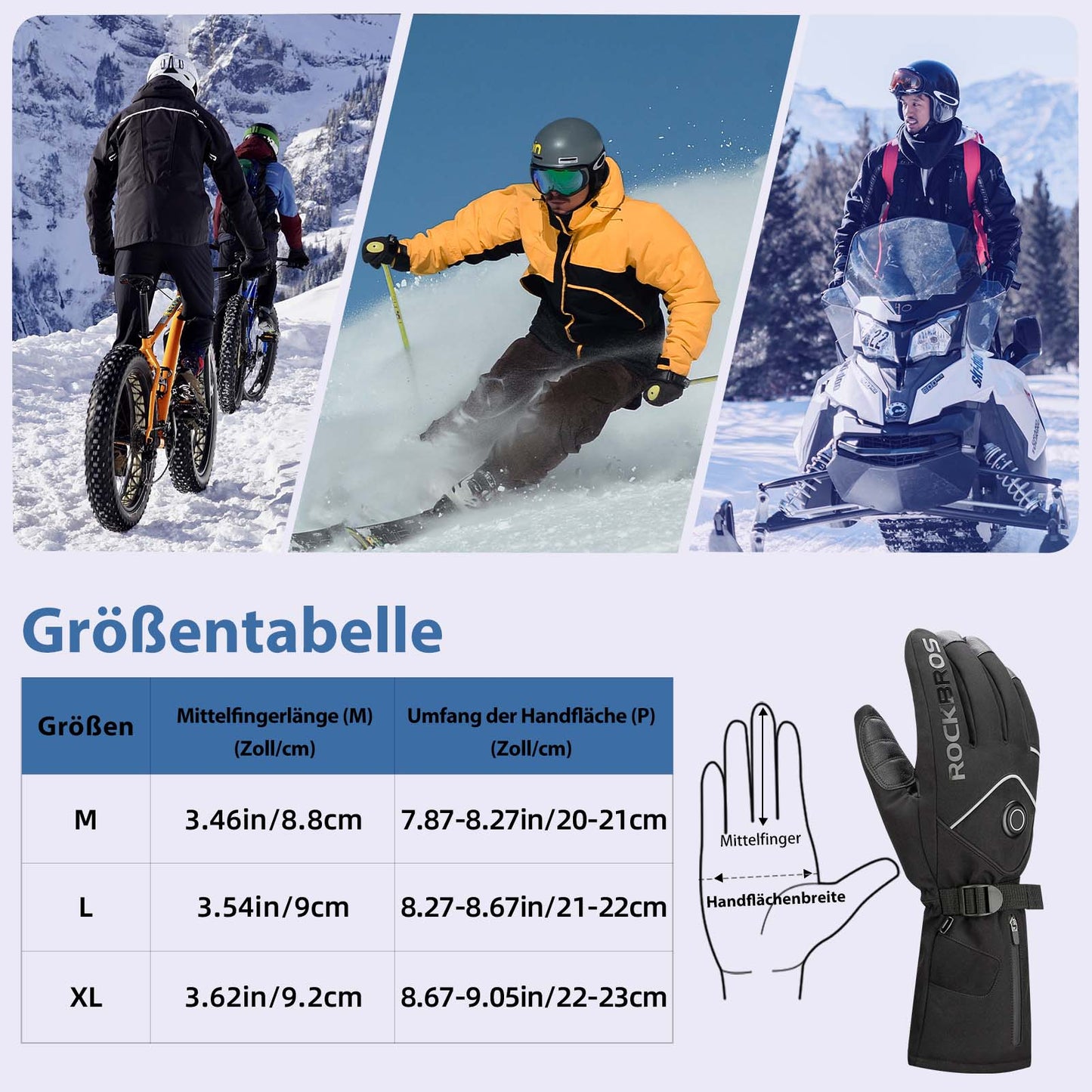 Guantes de esquí de invierno Guantes calefactables recargables Negro ROCKBROS