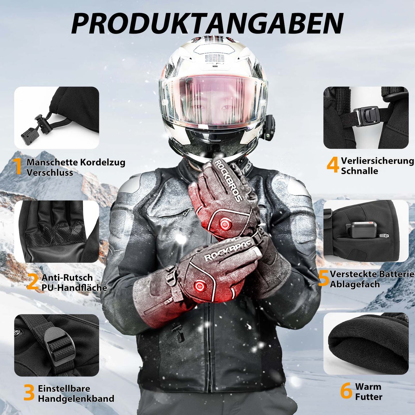Guantes de esquí de invierno Guantes calefactables recargables Negro ROCKBROS