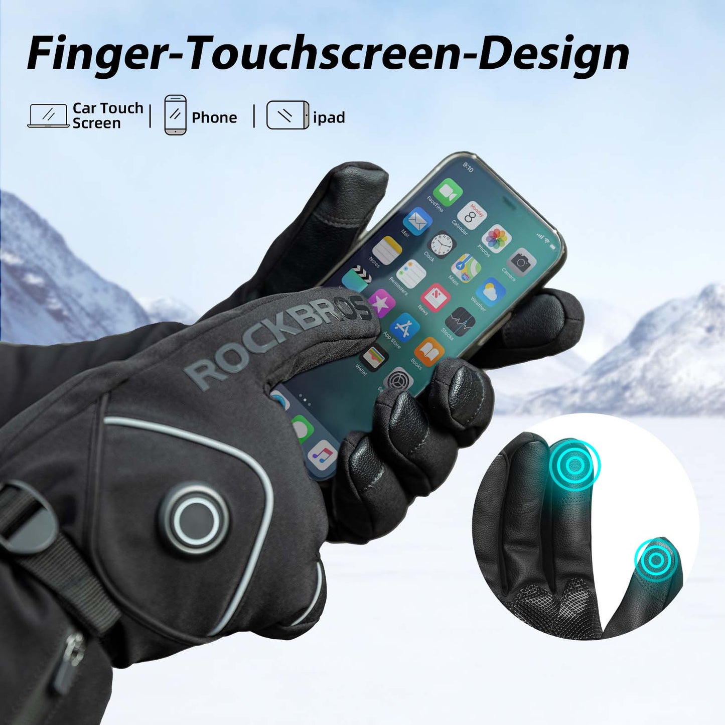 Guantes de esquí de invierno Guantes calefactables recargables Negro ROCKBROS