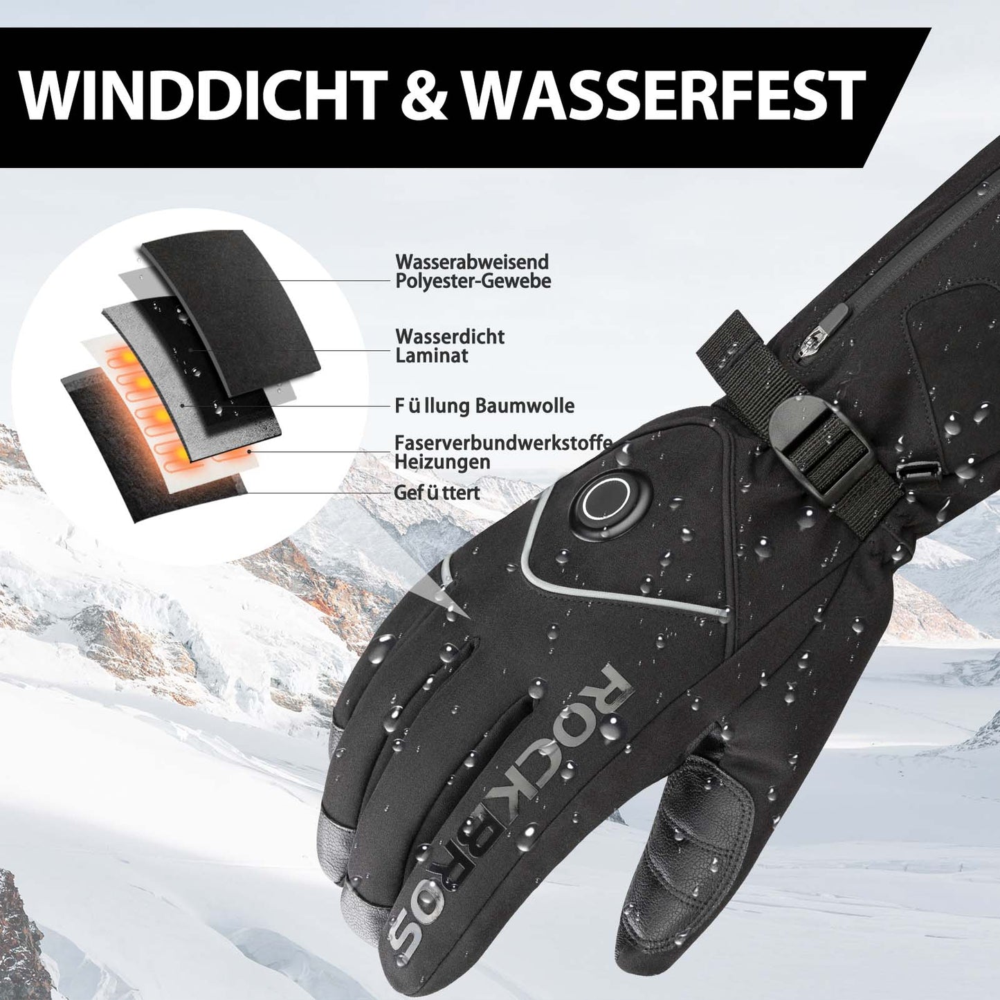 Guantes de esquí de invierno Guantes calefactables recargables Negro ROCKBROS