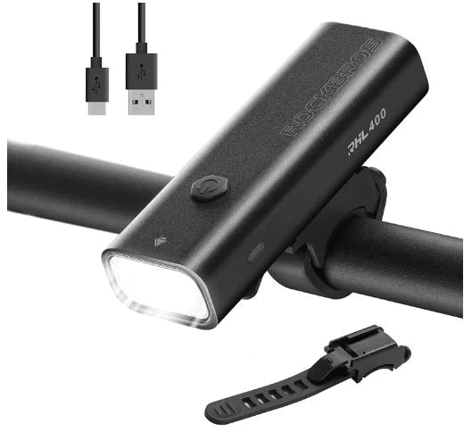 ROCKBROS Luz delantera LED para bicicleta recargable por USB 400 lúmenes impermeable IPX6 con 4 modos