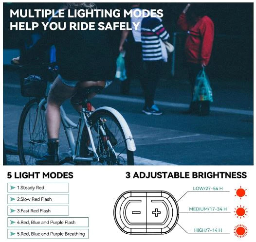 ROCKBROS Luz trasera para bicicleta LED impermeable IPX6 recargable por USB luz de freno