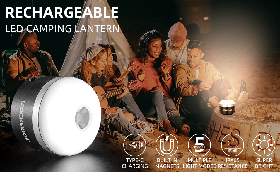 ROCKBROS Linterna para acampar al aire libre Linternas USB 600 lúmenes IPX65 Luz LED Batería recargable