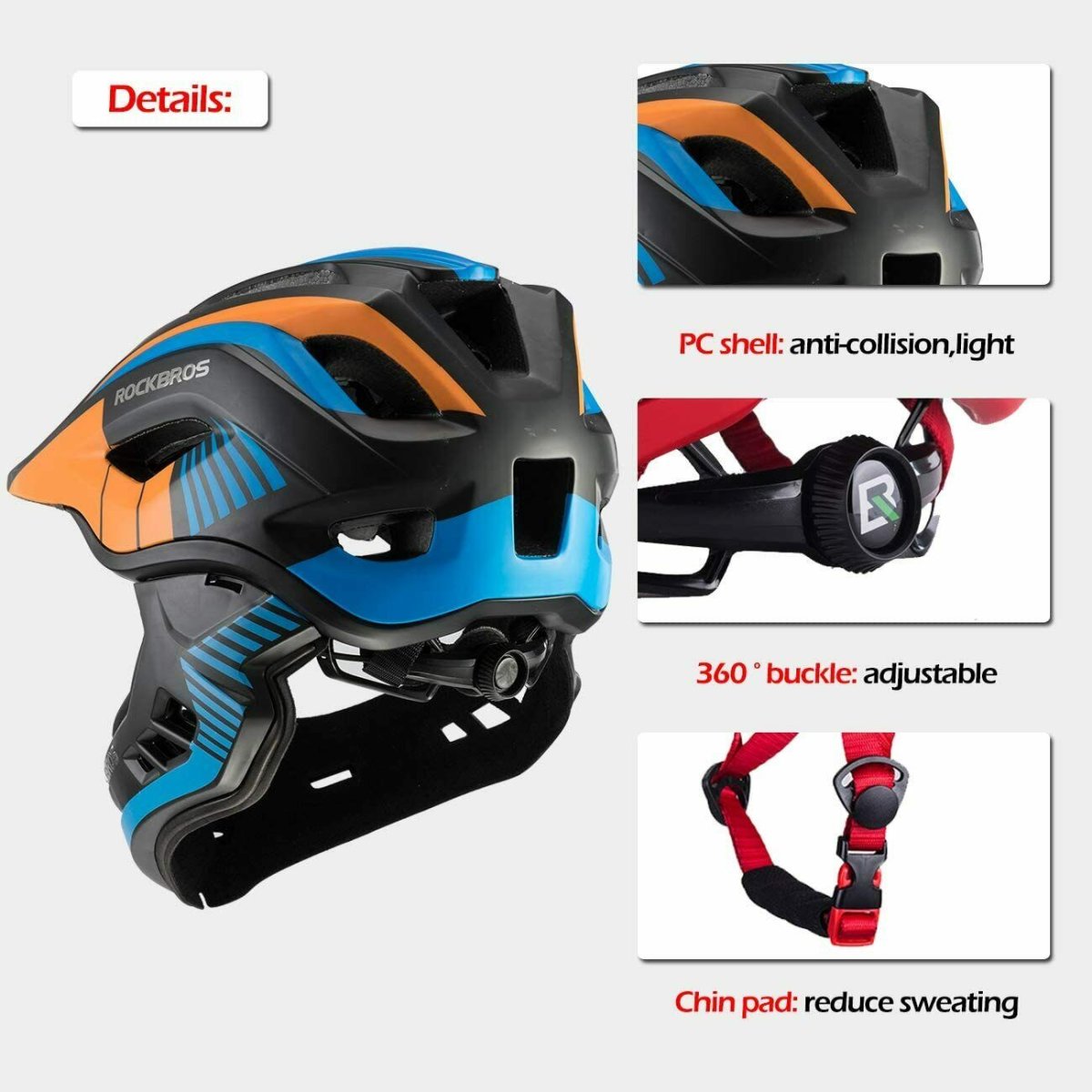 ROCKBROS Casco infantil TT 32S con mentonera desmontable